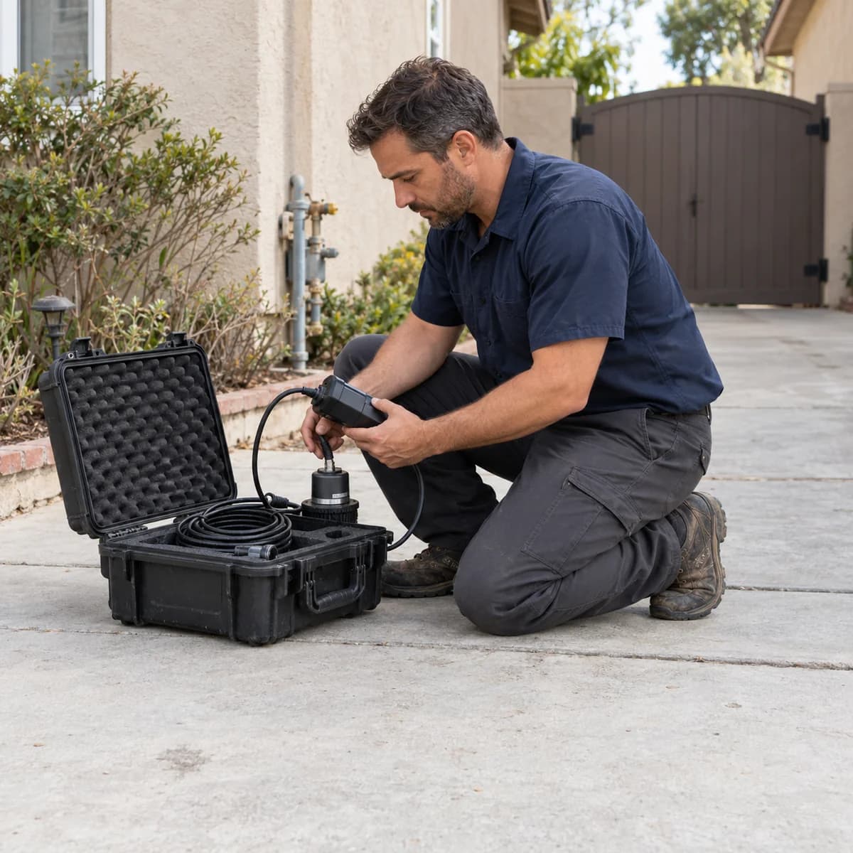 Temecula Leak Detection technician inspecting acoustic leak detection equipment at a residential property