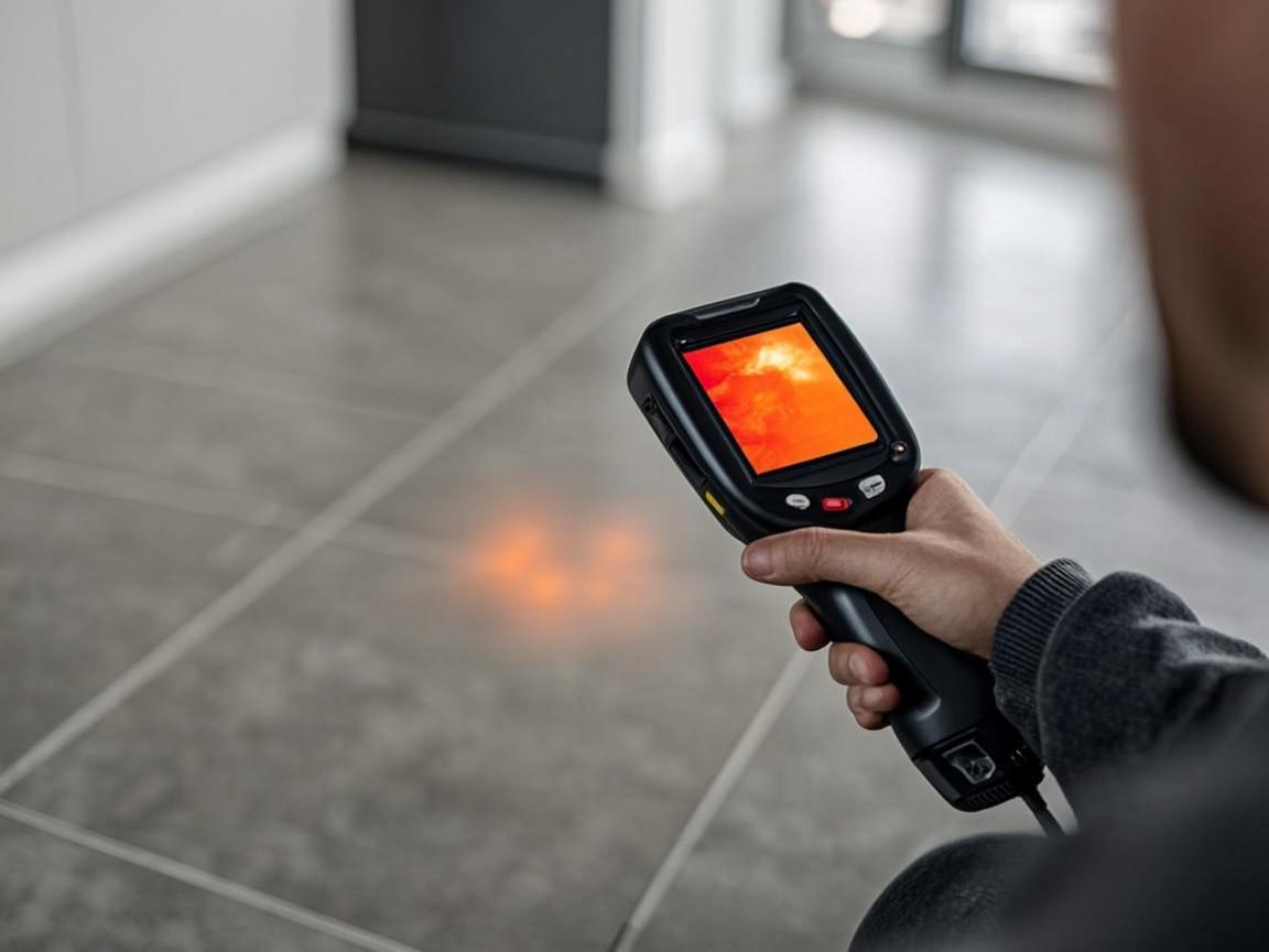 Thermal imaging camera revealing a hot water slab leak under tile flooring in a Temecula home
